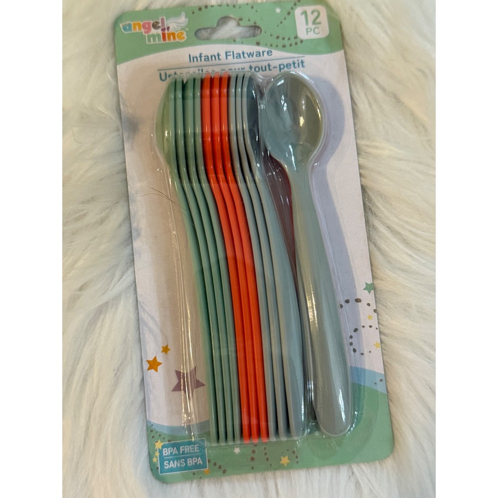 Angel of Mine Infant Flatware 12 Piece BPA Free Plastic Spoons Green Orange Grey